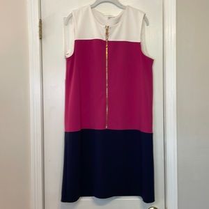 Fuchsia, Navy and White/off-White colorblock dress with gold zipper